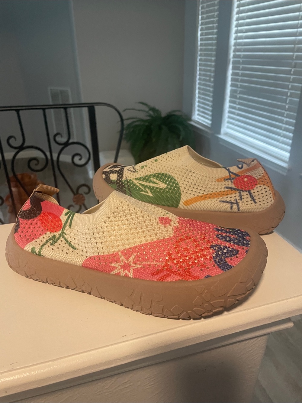 Women's Slip-On Knit Sneakers in Cream with Multicolor Floral Print - Picture 6 of 8